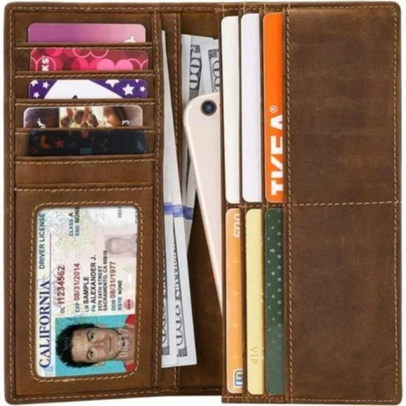 MEN'S RFID Vintage Look Genuine Leather Long Bifold Wallet Eagle Brown - Picture 7 of 8